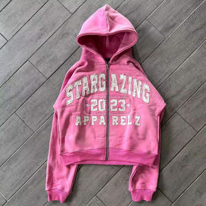 Sudaderas con capucha para hombre desgastadas con apliques personalizados Lavado ácido French Terry 100 por ciento algodón Sudadera con cremallera de gran tamaño 500gsm Tela pesada - Product Image 1