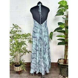 Boho Chic New Summer Maxi Halter Dress <b>Leaf</b> Blue Black Made From <b>Magic</b> Silk Chiffon Loose Silhouette Natural Waistline - Product Image 5