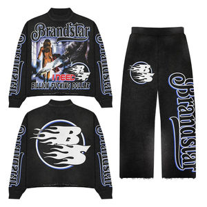 Streetwear survêtement personnalisé vintage délavé à l'acide pour hommes, sweat à capuche respirant à fermeture éclair et pantalon de survêtement évasé avec sérigraphie - Product Image 1