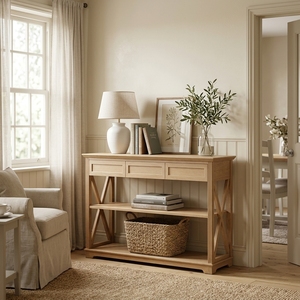 Mesa Consola Moderna de Madera de Roble Natural con 3 Cajones y 2 Estantes Abiertos, Mesa Auxiliar con Estructura en X para Entrada, Sofá o Sala de Estar - Product Image 3