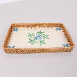 Bandeja de Servicio Rectangular de Nácar Sostenible con Ratán, Diseño Floral Verde, Venta al por Mayor para Cocina, Restaurante y Cafetería - Product Image 3