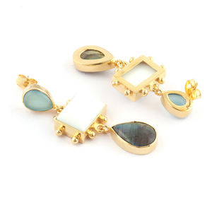 Vintage Geometric <b>Earrings</b> Chalcedony White Agate Labradorite Three Stone Gold Plated Designer <b>Stud</b> Dangle for Gift - Product Image 4