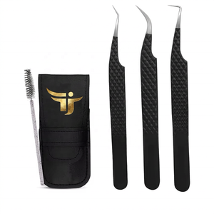 Juego de Pinzas para Pestañas de Acero Inoxidable de Precisión Negras Premium y Cepillo con Estuche, Logotipo Personalizado, Kit de Herramientas de 3 Piezas, Logotipo Personalizado OEM - Product Image 1