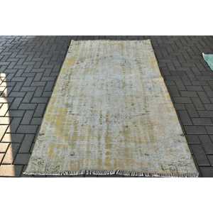 4.5x7.5 ft Vintage Rug, Turkish Area Rug, <b>Yellow</b> Check <b>Wool</b> Rug - Product Image 1