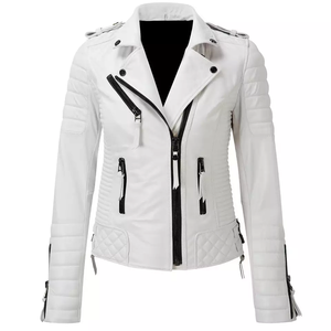 Nouveau doux hiver fermeture éclair bouton col rabattu solide court blanc coupe-vent femmes en cuir Bomber moto veste - Product Image 1