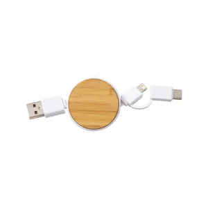 Cavo USB Retrattile 3-in-1 in Bambù Personalizzato, Gadget Promozionale - Product Image 1