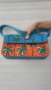 Sac à main en perles de palmier tropical, entièrement fait à la main en Inde, pochette de soirée de luxe bleu orange pour femmes, sac de fête, sac de mariage - Product Image 3