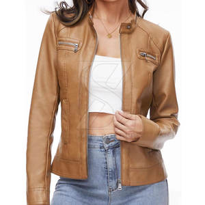 Chaqueta de cuero de mujer de color sólido con cuello levantado, chaqueta de cuero de mujer de talla y diseño personalizado - Product Image 1