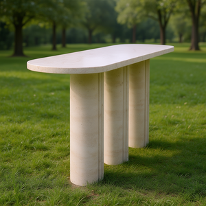 Table à manger extérieure en travertin naturel de qualité supérieure, table ronde moderne pour 6 personnes, meubles en pierre pour usage extérieur - Product Image 3