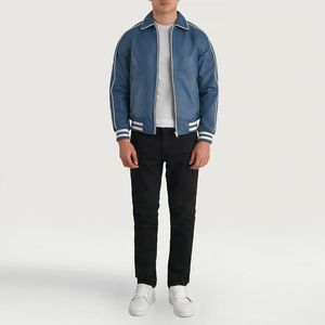 Custom Blue Leather Varsity Jacket with Stand Collar Casual Winter Style Zipper Closure and Front Logo OEM Service Available - Product Image 4