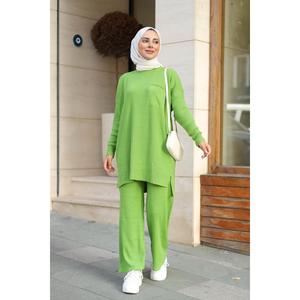 Tunica da donna con tasca singola verde pistacchio e pantaloni in alto e in basso doppio Set di maglieria Hijab