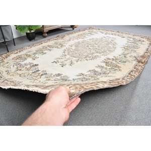 Handmade Vintage <b>Turkish</b> Rug 5.6x9.7 ft Classic Beige Brown Faux Rabbit Fur Area <b>Carpet</b> for Living Room Decor - Product Image 4