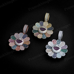 Colgante de Plata 925 con Forma de Girasol, Multicolor, con Moissanita, Cara Sonriente, Chapado en Oro, Estilo Hip Hop, Joyería Iced Out, Superventas - Product Image 1