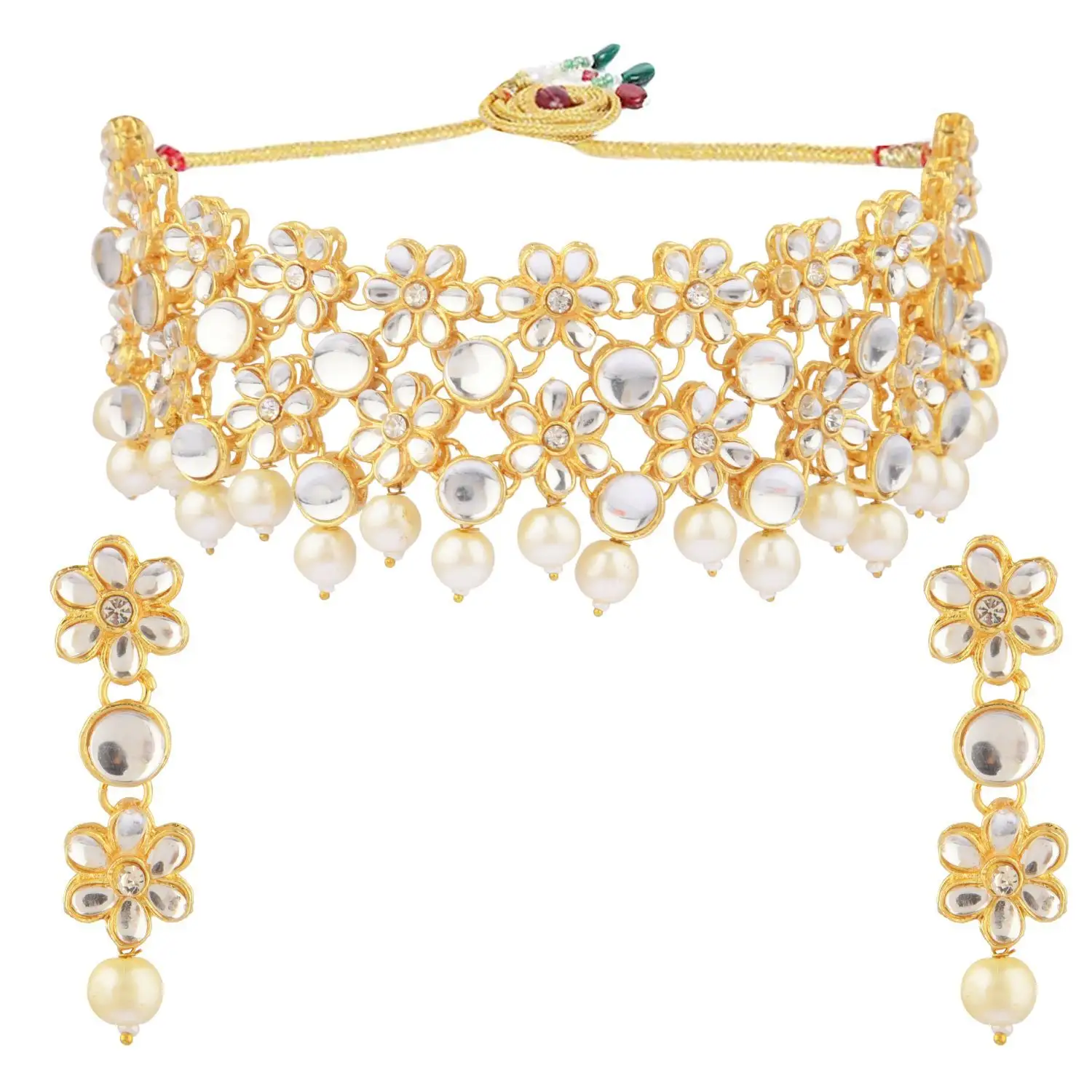 Indischer Hochzeits schmuck Vergoldete Kunst perle Blume Kristall Kundan Choker Halskette Baumel Ohrringe Set, Weiß