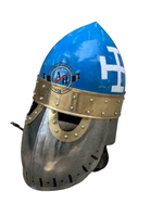 Casco medieval de Pan de Azúcar, recreación de acero, casco con visera Bascinet Medieval SCA, esmalte plateado y azul con disfraz de Halloween