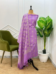 Conjunto de 3 Piezas de Seda Banarasi Pam de Diseño Tradicional Premium Sin Costuras para Mujer, Ropa Étnica para Fiestas, Festivales y Bodas, Secado Rápido, Protección Solar - Product Image 5