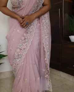 Sari en soie souple et crépue pour femme, le plus vendu, avec broderie au fil, idéal pour les mariages, fabriqué en Inde, en stock - Product Image 6