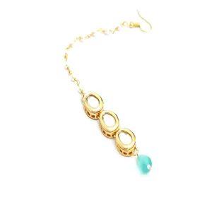 Ensemble de bijoux fins plaqués or 24 carats Kundan, collier vert clair avec pierre Monalisa pour cadeau - Product Image 6