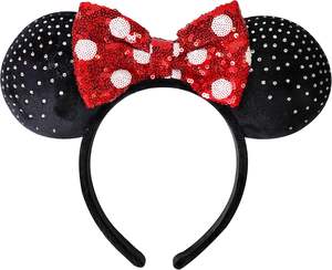 Bandeau d'oreilles Disney Mickey et Minnie avec nœud, accessoire de coiffure officiellement sous licence H.E.R. Velours pelucheux avec strass - Product Image 1