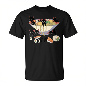 Camiseta con diseño de gatito de anime japonés comiendo ramen y sushi - Product Image 2