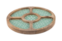 Plateau à collation rond en bois avec 5 compartiments Plateau de service décoratif en bois de manguier avec base imprimée pour fruits secs Snacks Bonbons