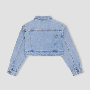 2026 Custom Cropped Knitted Cotton Bomber Worker Workwear Work Jeans <b>Denim</b> <b>Jacket</b> <b>with</b> Letter Detail for Women - Product Image 3
