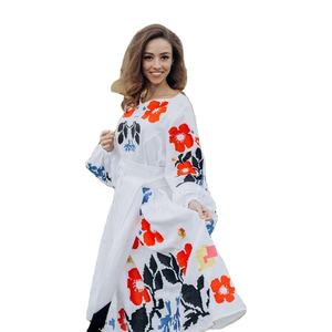 Vestido ucraniano floral informal para mujer, elegante vestido de verano de manga larga con cuello en V y cintura cerrada con estilo bohe estampado - Product Image 1