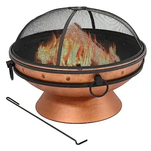 Large Copper Finished Outdoor Fire Pit Bowl - Round Wood Burning Patio Firebowl with Portable Handles and Spark Screen