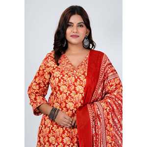 Vibrant Red Floral Printed Women's Kurta Set con Dupatta - Product Image 3