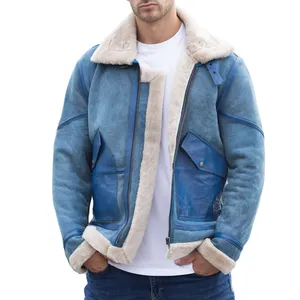 Jaqueta masculina de couro aviador, pele de carneiro, marrom b3, couro falso, bomber, preenchimento quente, para o inverno