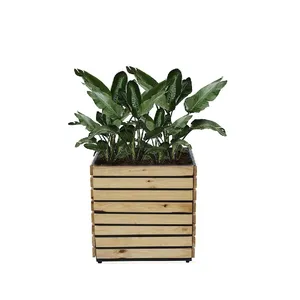 天然方形木制花盆，带有耐用的钢腿，塑料衬里 (方形/天然/15.75x16.9英寸