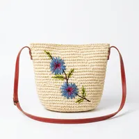 Sac à bandoulière en paille tissé à la main, pochette brodée avec fermeture éclair, sac de mode bohème pour femmes
