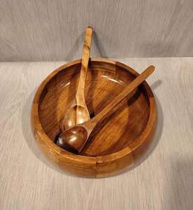 100% ensemble bol à salade et cuillère en bois d'acacia massif de qualité supérieure naturel Design rustique vaisselle de haute qualité PAR HF CRAFTS - Product Image 4