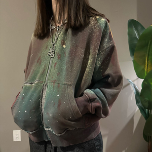 Sweats à capuche pour hommes 440GSM Sweat-shirt à capuche zippé en coton épais personnalisé Boxy surdimensionné en détresse Vintage Splash lavé brodé - Product Image 3