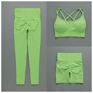 ชุดโยคะไร้ตะเข็บเปลือยหลังห้อยคอชุดชั้นในสปอร์ตบรากางเกงขาสั้นยกสะโพกชุดโยคะขายส่ง - Product Image 4