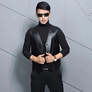 Chaleco de invierno para hombre, de cuero genuino y lona, impermeable, con cuello en V, informal, sin mangas, de piel de oveja auténtica - Product Image 5