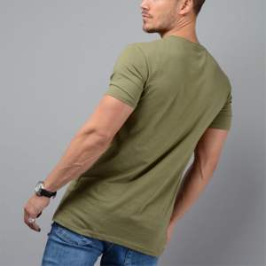 100% วิจิตรแหวนปั่นหวีผ้าฝ้าย OPtech 200 Gsm เดียวเสื้อพอดีแขนสั้นสีกากีสีเขียวบุรุษเสื้อยืดยาว - Product Image 4