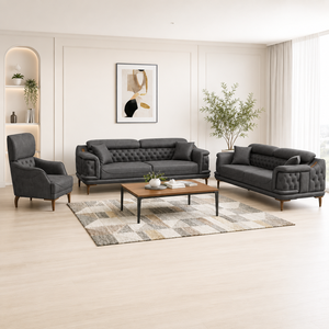 Ensemble de canapés Chesterfield modernes en tissu avec dossier capitonné et pieds en bois, meubles de salon pour appartement, style design contemporain, canapé-lit - Product Image 1