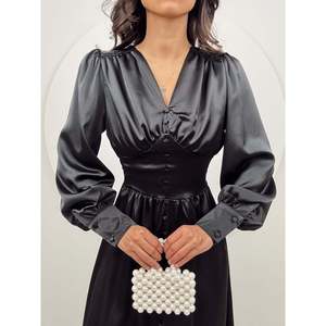 Vestido Midi de Satén Azul Saxe para Mujer, Marca missJANELL, con Escote Fruncido y Botones Frontales, Elegante Estilo Línea A de Poliéster para Fiesta - Product Image 3