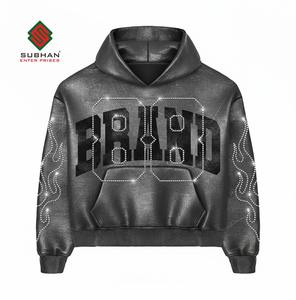 Sweat à capuche pour homme personnalisé vintage respirant en coton 100% tricoté imperméable avec impression à l'écran et strass lavage à l'acide - Product Image 1