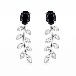 Rhaya Jewels Trendy Women's <b>Black</b> Onyx Cubic Zircon Leaf <b>Dangle</b> Drop <b>Earrings</b> Fine Sterling Silver Rhodium Plated Anniversary - Product Image 1