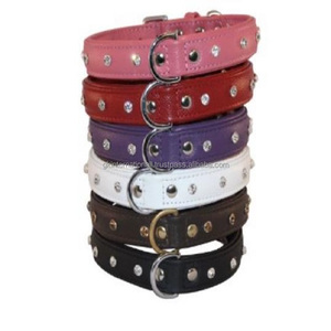Collar de cuero con remachado para perro, accesorio suave y acolchado de doble capa decorado con 1 línea de diamantes de imitación, hecho a medida, en muchos colores - Product Image 1