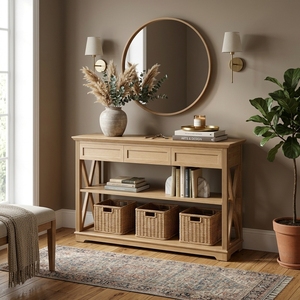 Mesa Consola Moderna de Madera de Roble Natural con 3 Cajones y 2 Estantes Abiertos, Mesa Auxiliar con Estructura en X para Entrada, Sofá o Sala de Estar - Product Image 5