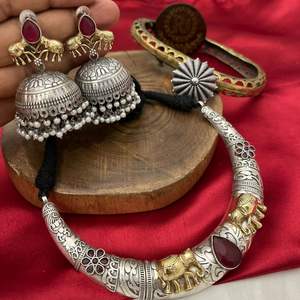 Designer Superb Quality Royal Heritage Elephant Oxidized <b>Necklace</b> <b>Set</b> With <b>Earrings</b> Engagement Party Wear For Women <b>And</b> Girls - Product Image 2