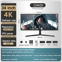 Moniteur HDR 34 pouces 4K IPS plat à bord fin, 165 Hz natif, rotatif, 1 ms, pour designers, jeux, bureautique, PC, ordinateur, DP Type-C