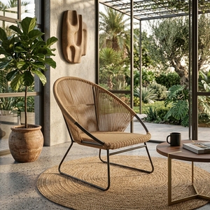 Fauteuil lounge d'extérieur Charlotte Brown tressé, avec structure en métal noir type traîneau et assise en corde, pour aménagement de patio, design artistique et décoratif - Product Image 2