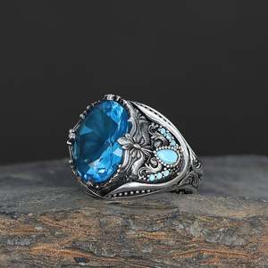 Anillo de Hombre de Plata de Ley 925 de Alta Calidad Estilo Otomano Azuris, Joyería de Moda con Piedra de Ágata Natural Yamen, Hecho en Turquía - Product Image 2