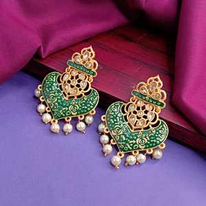 Joyería tradicional india Joyería Antigua India Faux Pearl Esmalte Crystal Drop Dangle Indian Pendientes Set, Verde - Product Image 2