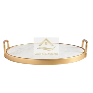 Plateau en métal et marbre de forme ronde unique couleur or métal et dessus en marbre blanc décoratif qualité exclusive pour centre de table - Product Image 1