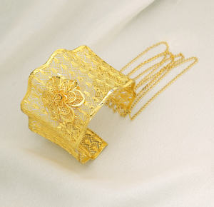 Elegant Gold Plated Filigree Cuff Kada with Floral Accent for Women-<b>Wedding</b> <b>Gift</b> - Product Image 1